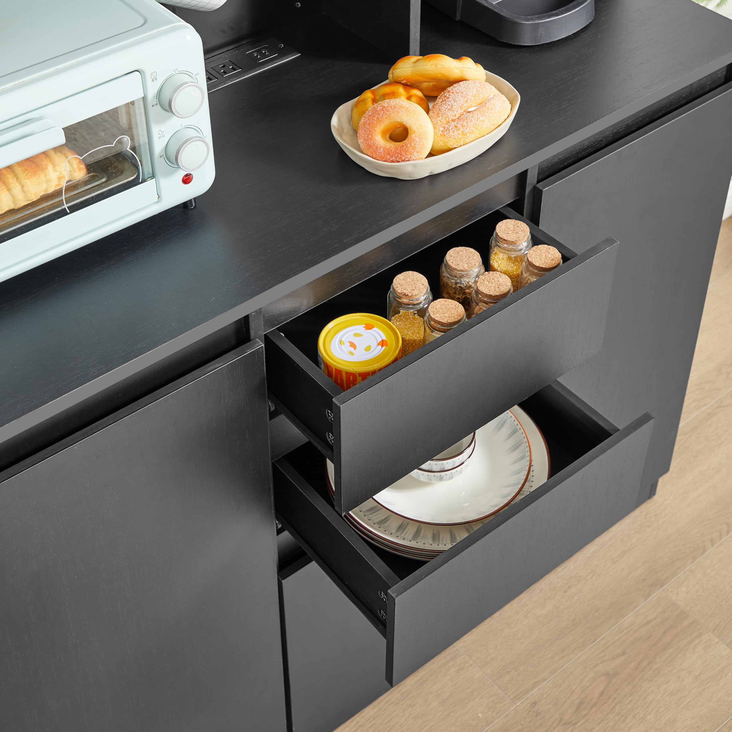 74” Pantry Cabinet with Power Outlet, Kitchen Hutch with Storage & Microwave