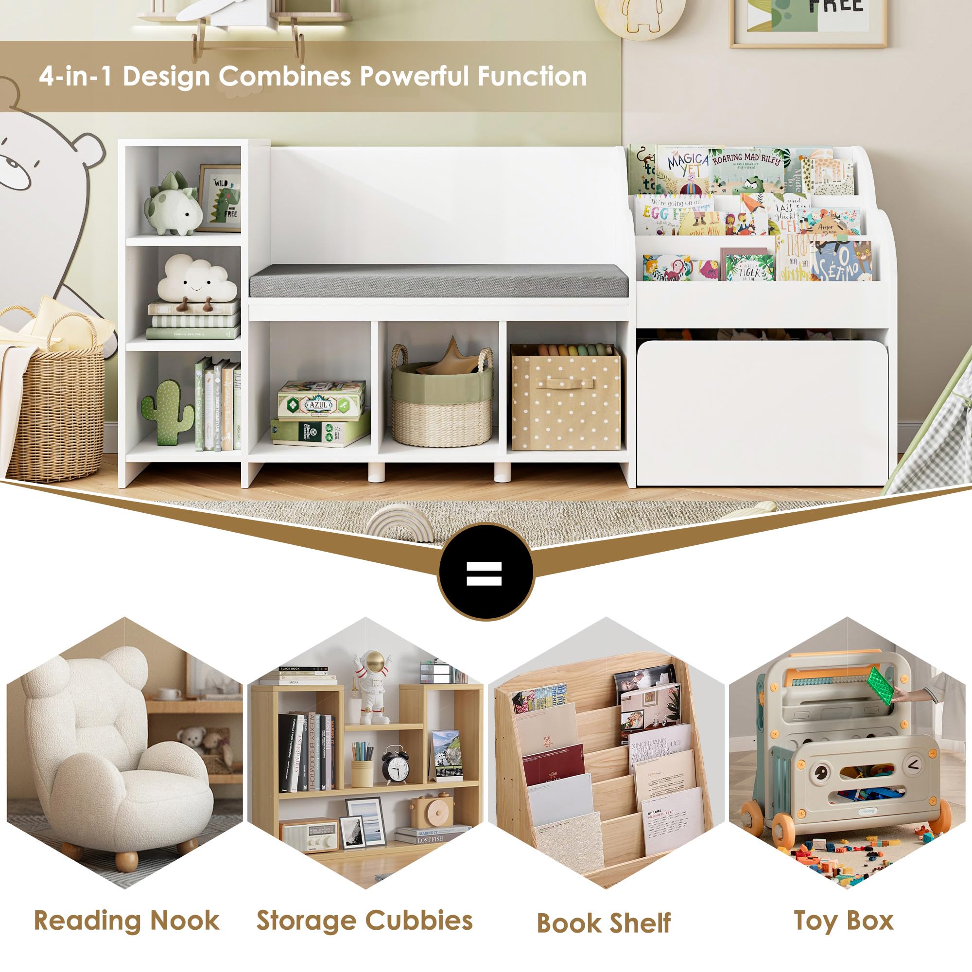 67" Kids Reading Nook with Bench, Kids Bookshelf and Bookcase