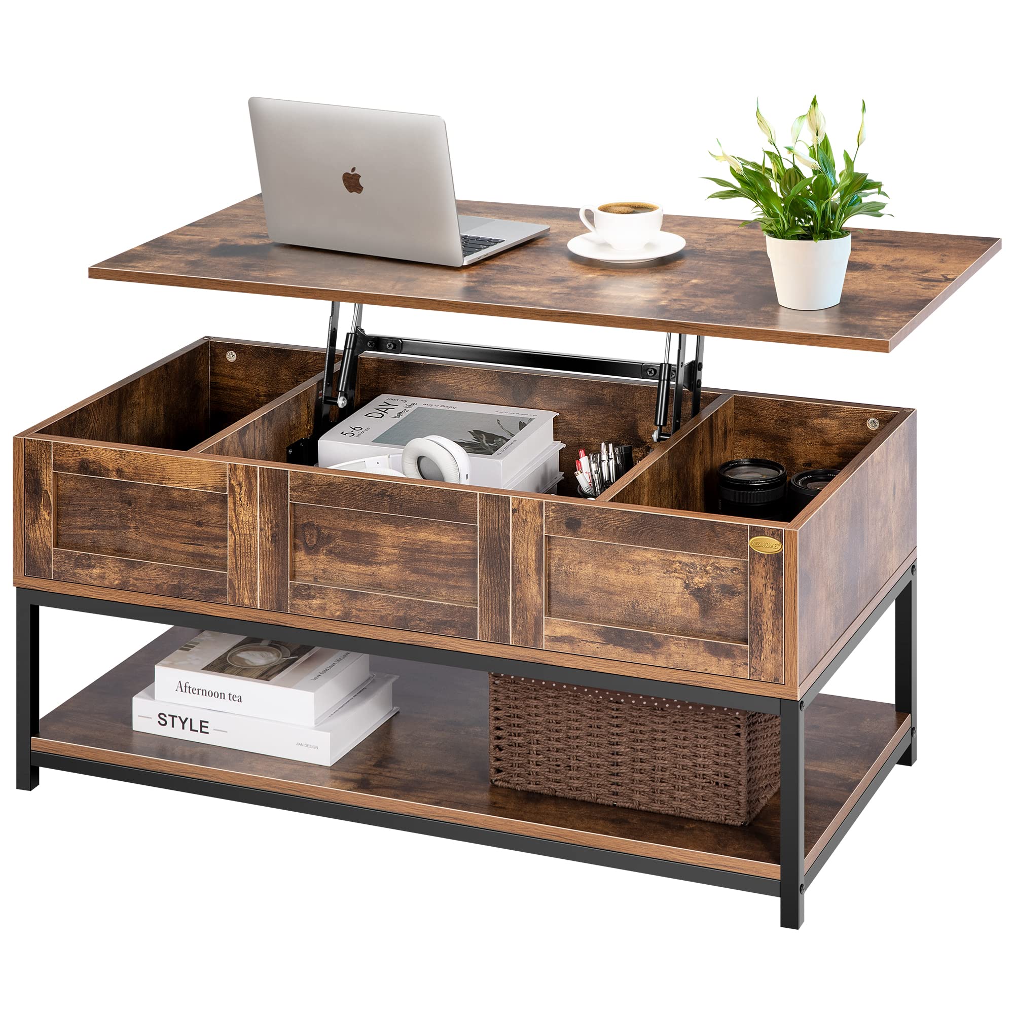 Lift Top Coffee Table with Steel Frame, Dining Table with Open Storage and Hidden