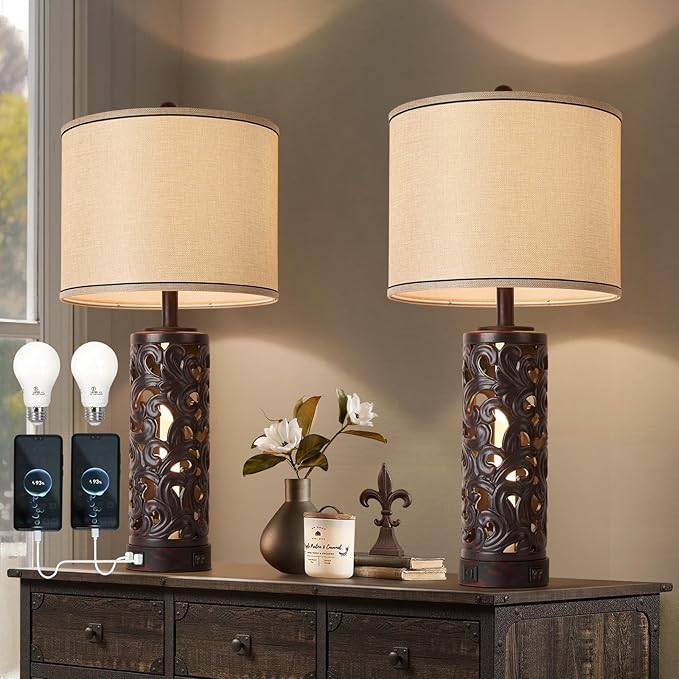 Dimmable Touch Control Table Lamp with USB A+C Ports, Vintage Washed