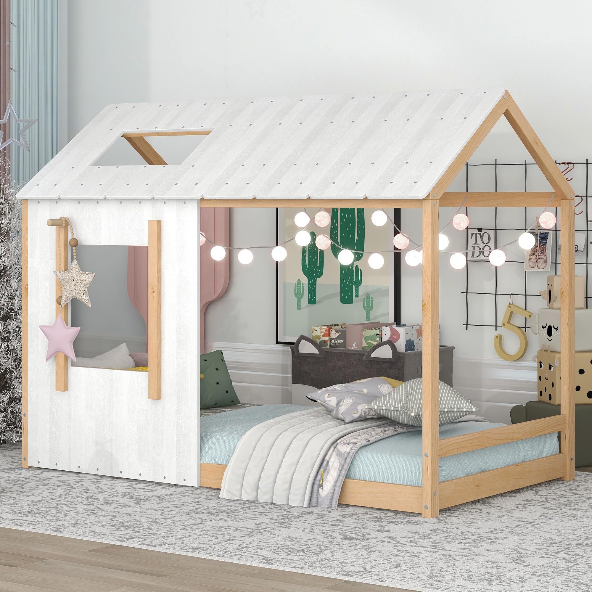 Bed Frame, Twin Size House Floor Bed Frame with Headboard, Roof and Window,