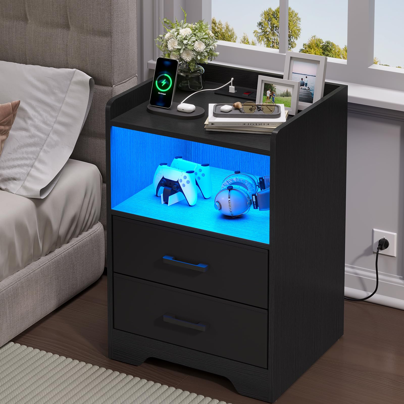 Night Stand Set of 2 with LED Lights and Charging Station