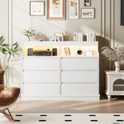Dresser for Bedroom, 6 Drawer Dresser with LED Lights and Charging Station, Wide Chest of 6 Drawers with Open Space, Modern Large Capacity Storage Cabinet, Living Room, Hallway, White