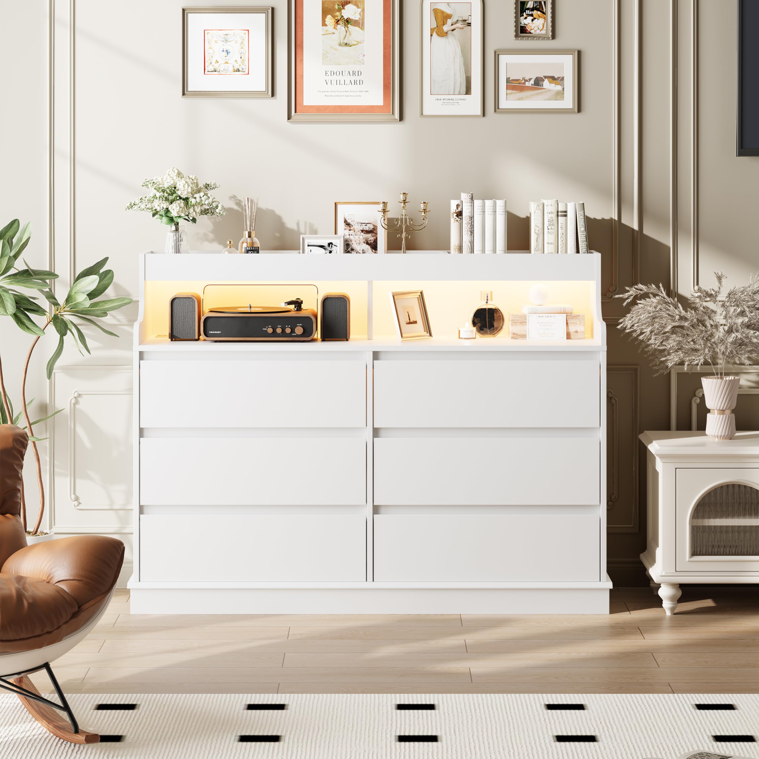Dresser for Bedroom, 6 Drawer Dresser with LED Lights and Charging Station, Wide Chest of 6 Drawers with Open Space, Modern Large Capacity Storage Cabinet, Living Room, Hallway, White