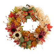 30in. Harvest Autumn Sunflower, Maple Leaves and Berries Artificial Fall Wreath