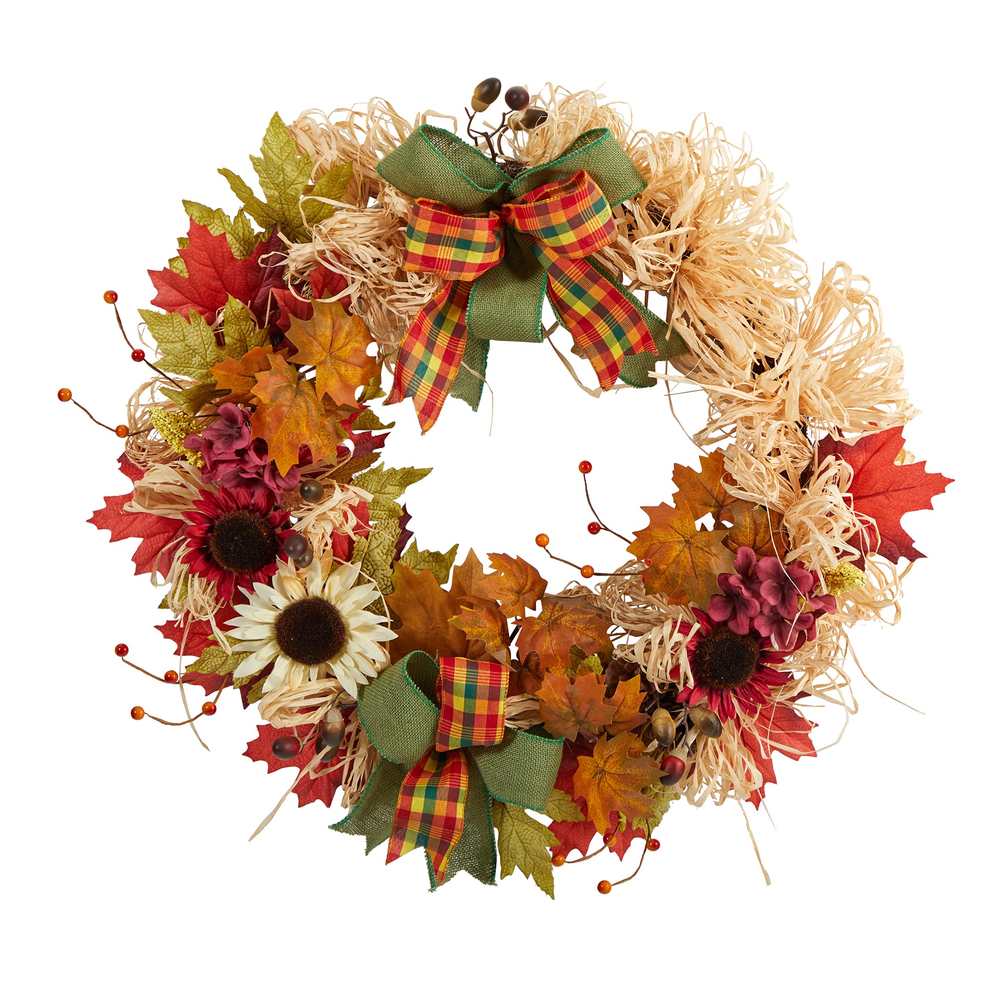 30in. Harvest Autumn Sunflower, Maple Leaves and Berries Artificial Fall Wreath