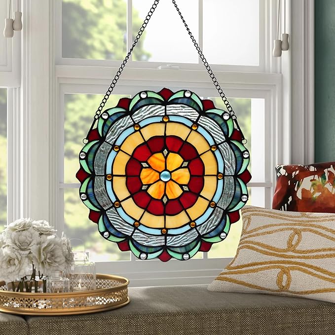 Tiffany Style Stained Glass Window Hanging Panel 12 Inch Round Handmade Blue Flower
