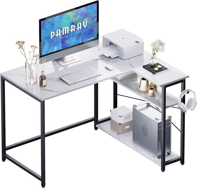 43 Inch L Shaped Computer Desk with Reversible Side Storage Shelves