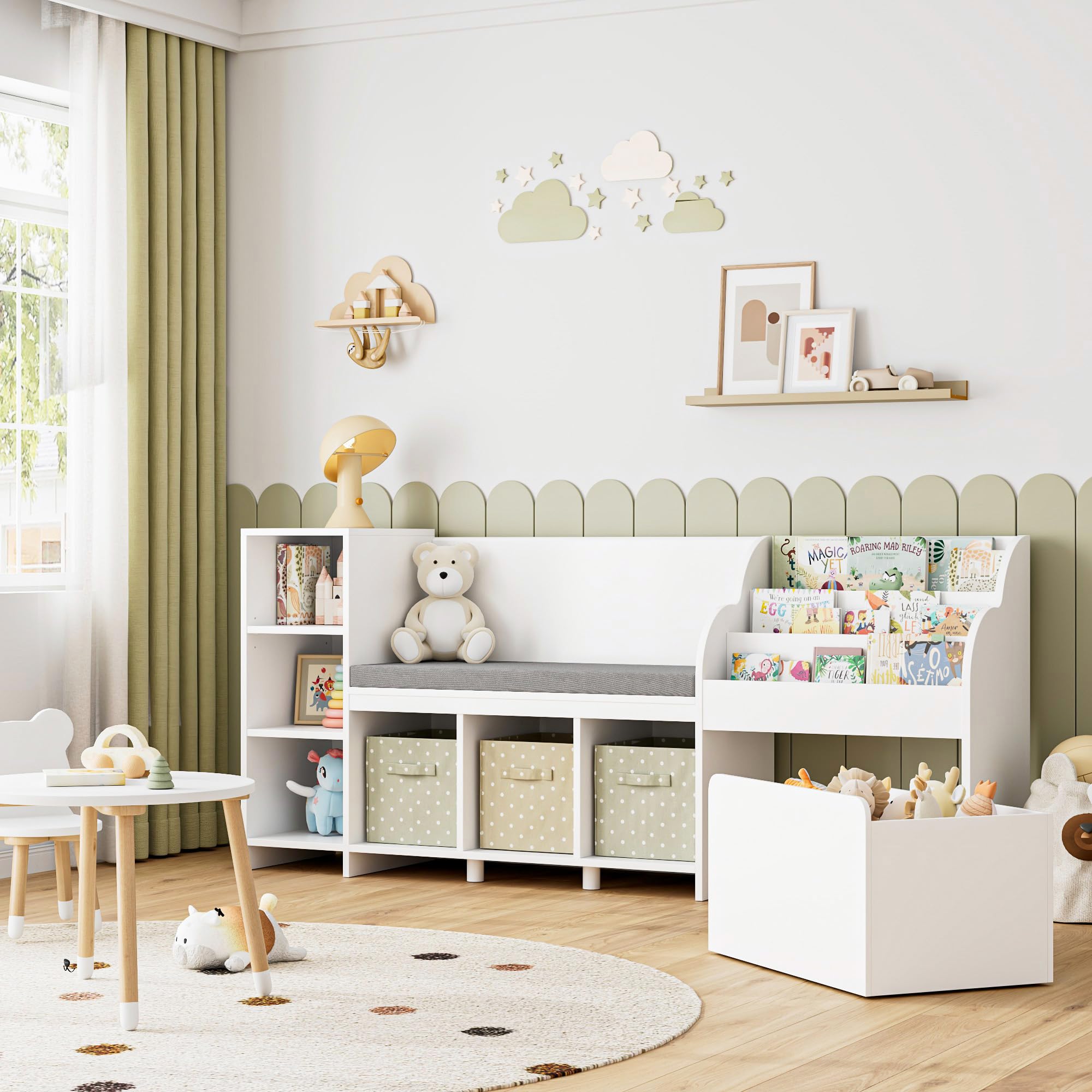 67" Kids Reading Nook with Bench, Kids Bookshelf and Bookcase