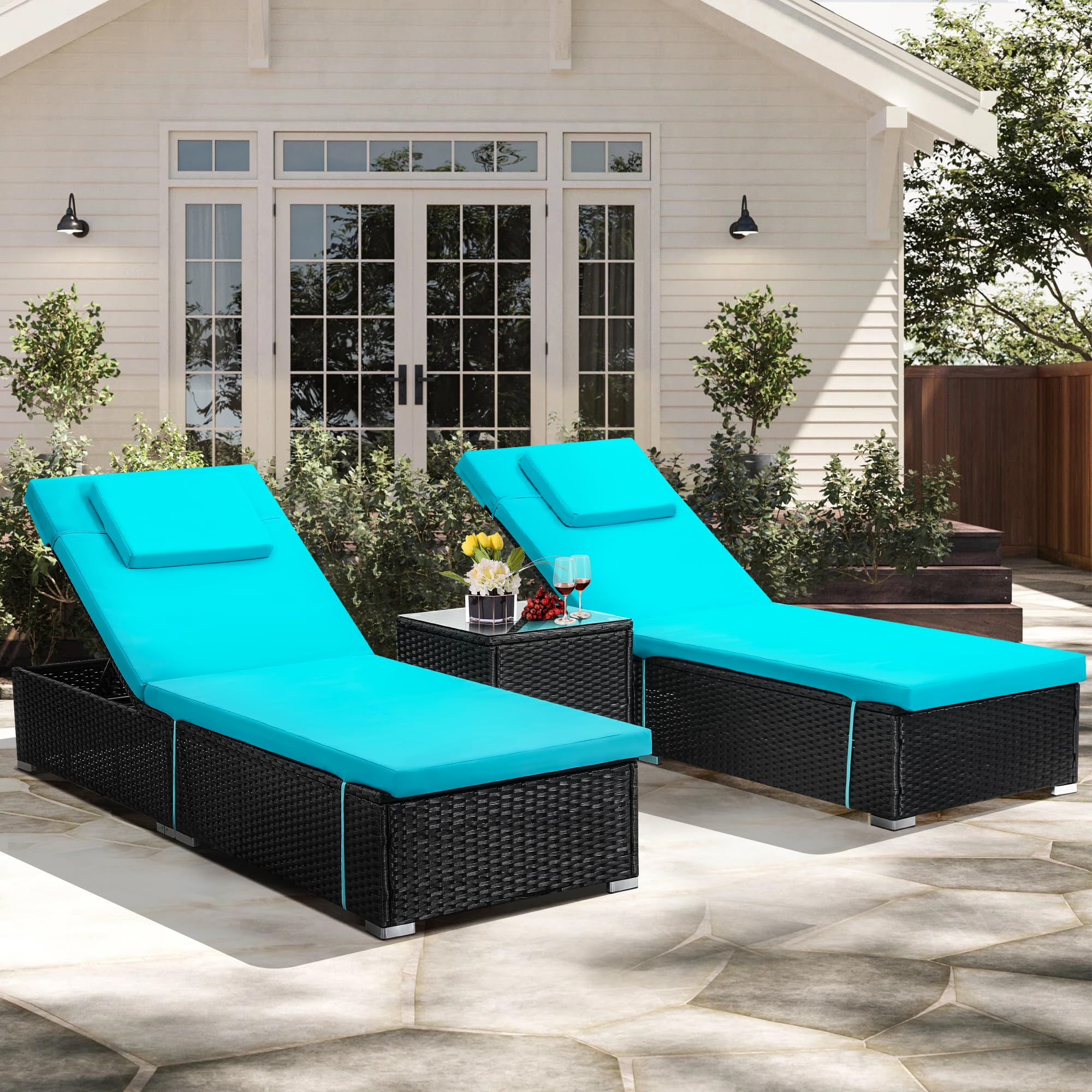 3 Piece Set, Includes 2 Wicker Chaise Lounge Chairs for Outdoors with Matching Side Table