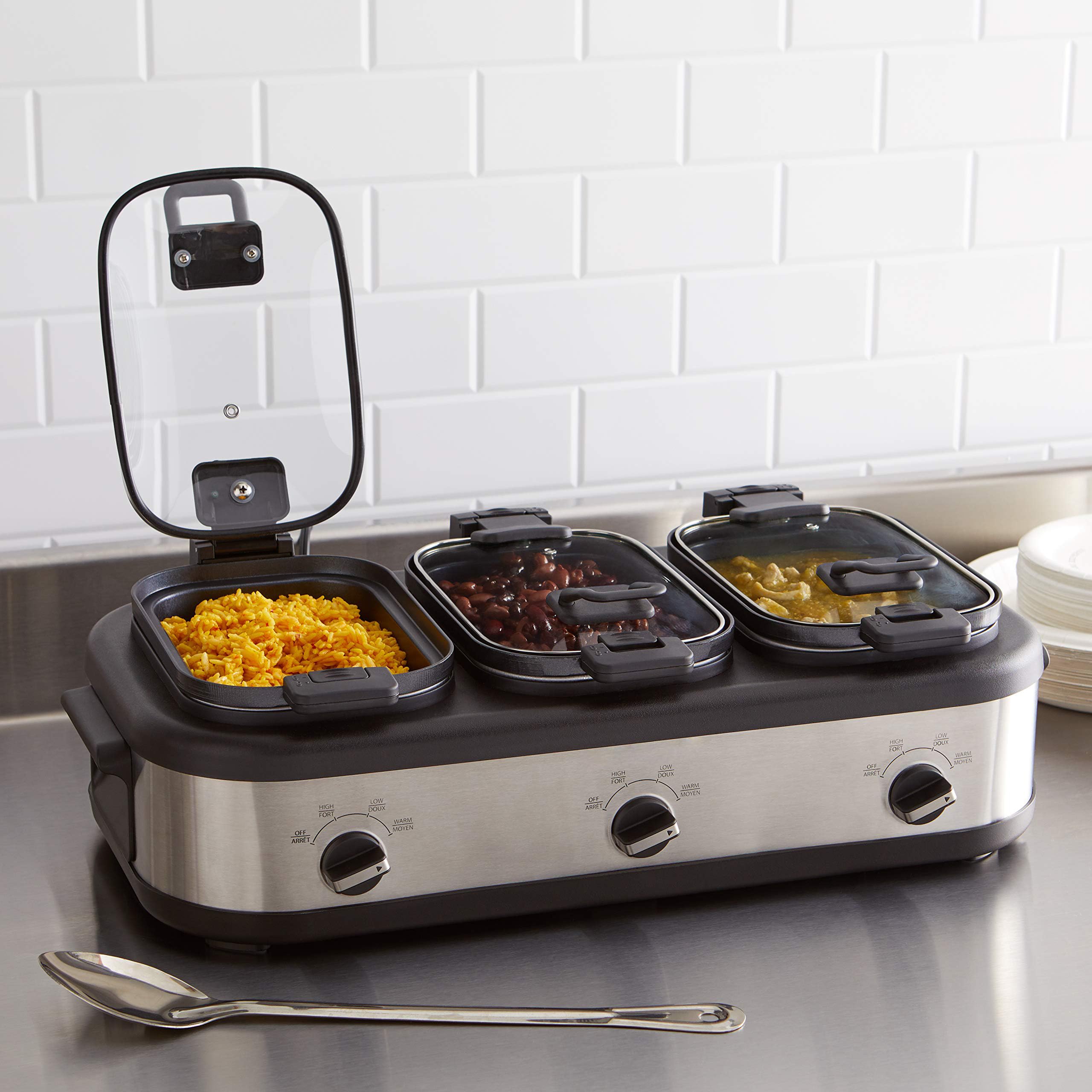 Stainless Steel 3 x 2.5 Quarts Triple Slow Cooker, Brushed Stainless