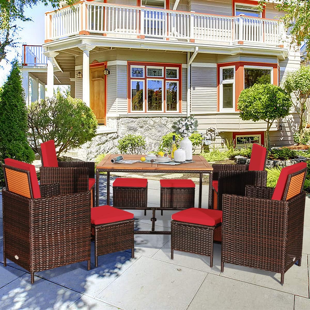 9-Piece Outdoor Dining Set - Patio Wicker Furniture Set w/Acacia Wood Tabletop