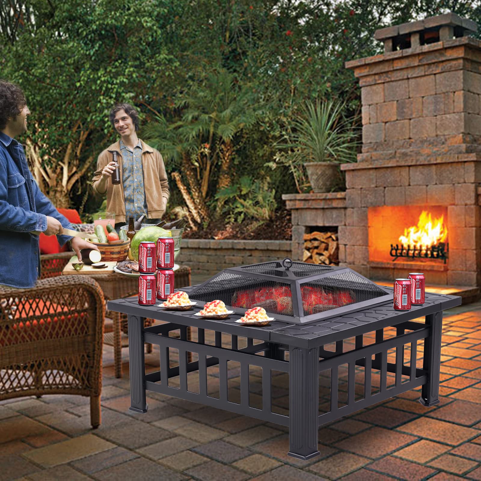 Outdoor Fire Pit Wood Burning Square FirePit for Outside Backyard Heating BBQ Drink Lawn
