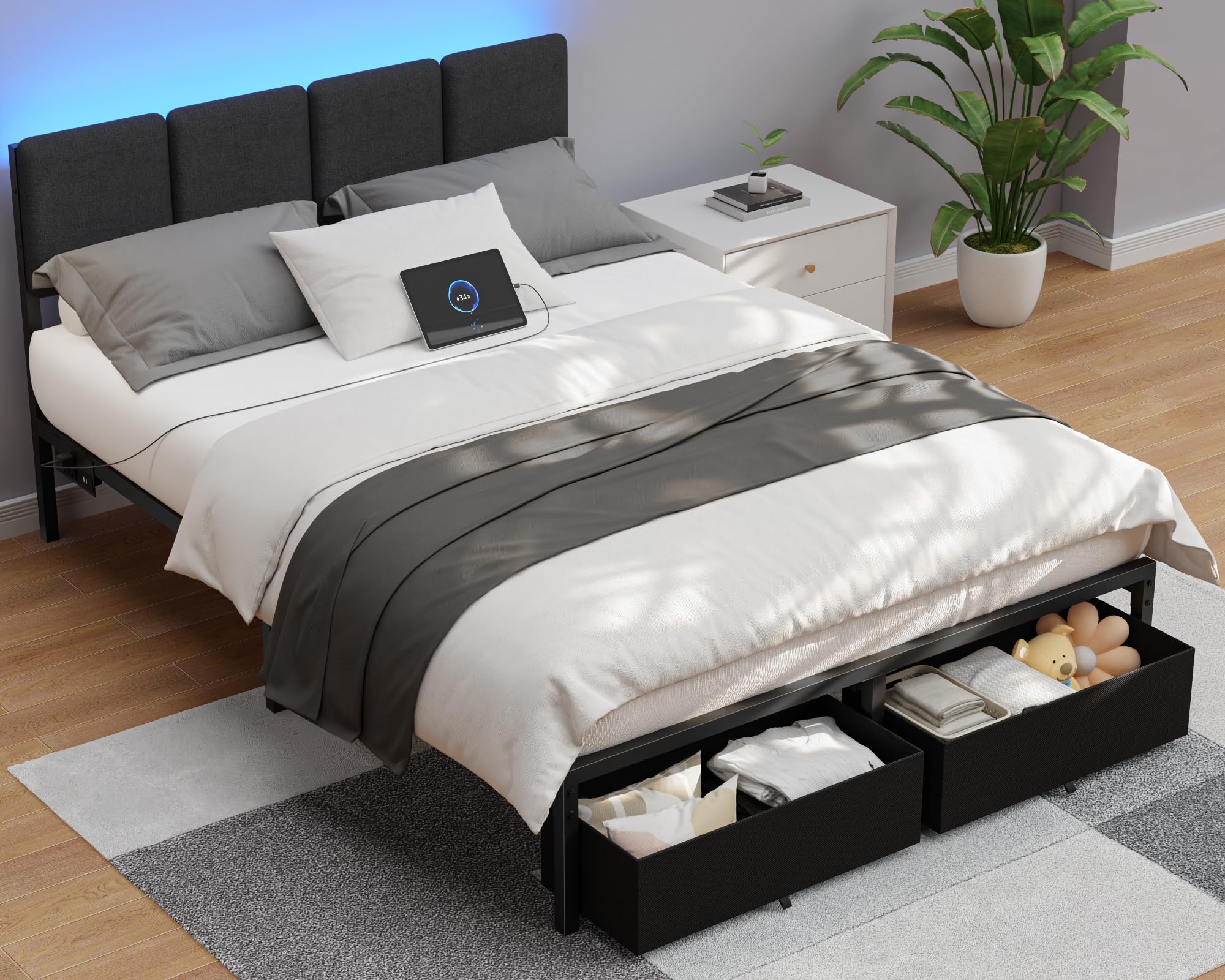 Full Size Bed Frame with Headboard,Upholstered Bed Full with LED Light