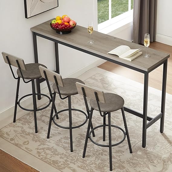 Bar Table and Chairs Set for 3, 63" L Rectangle Bistro Pub Table with 3 PU Upholstered