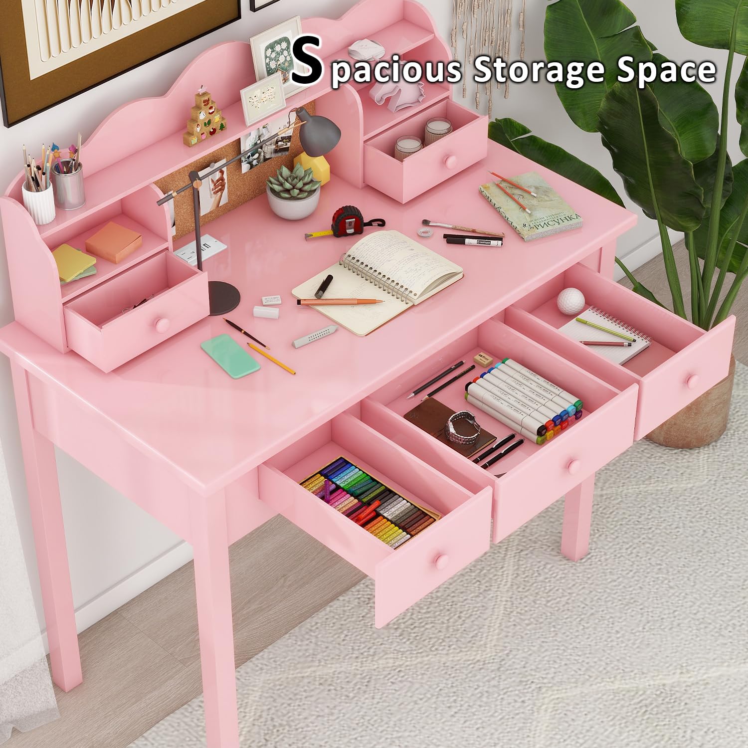 Pink Writing Desk with Hutch and Drawers, 36 Inch Home Office Desk with Charge