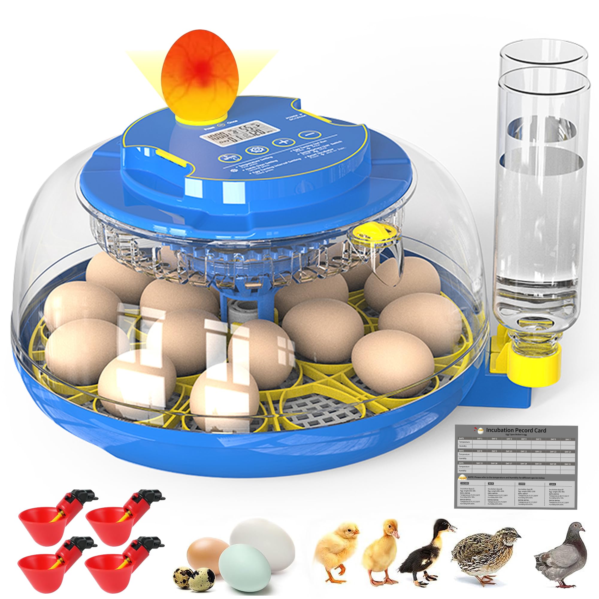 18 Egg incubators, Adjustable Turning Time, Humidity and Hatch Day Display,Egg Candler