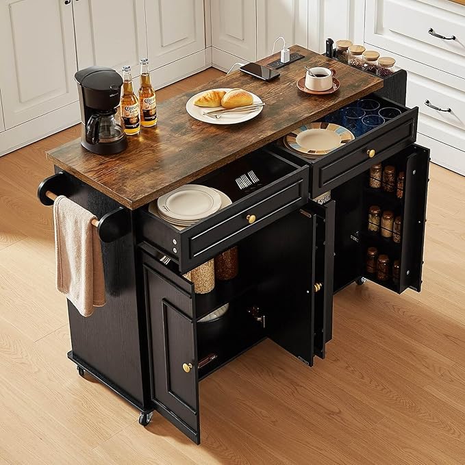 58" Mobile Kitchen Island, Kitchen Island Cart with Power Outlet