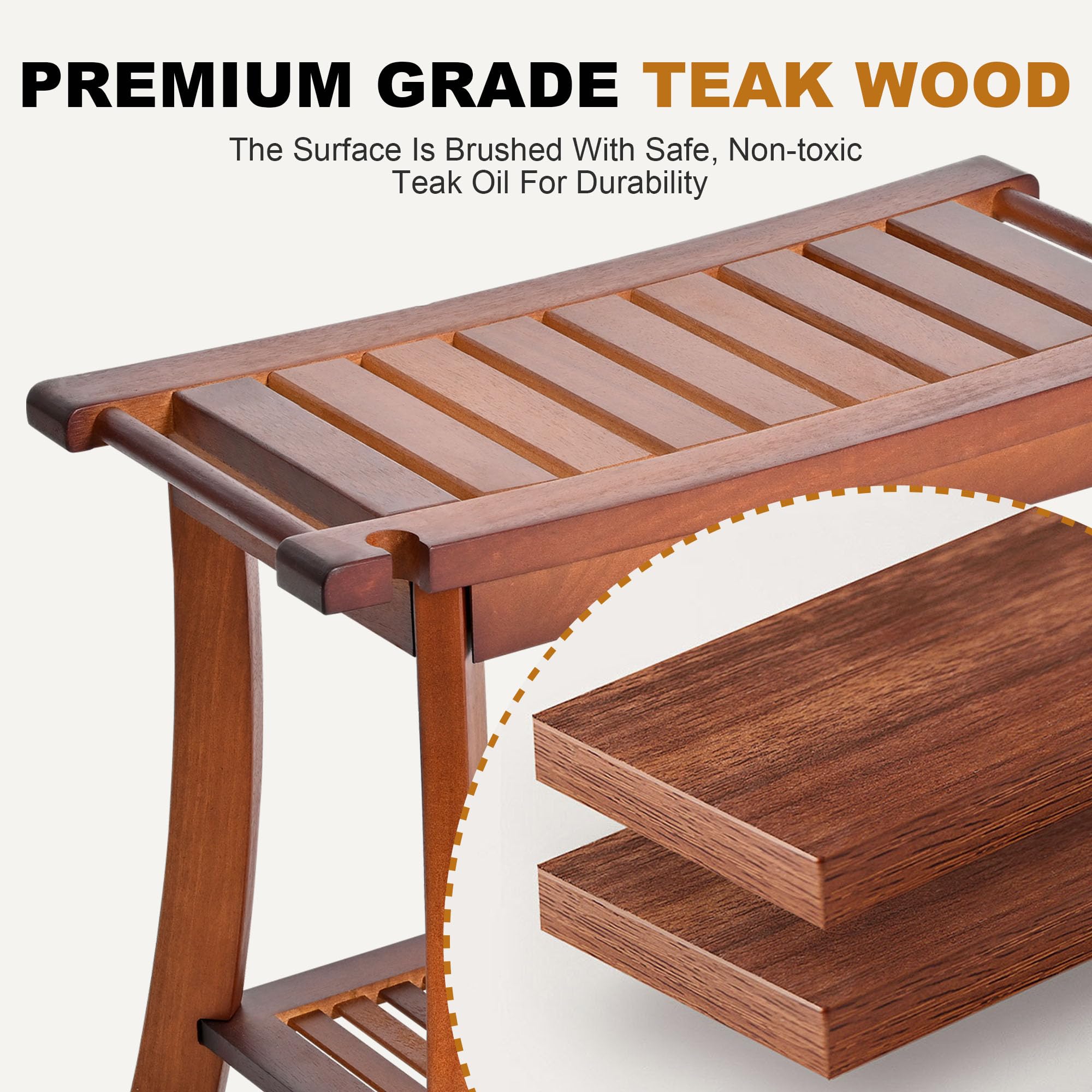 Teak Shower Chair Stool, 24 Inch Shower Bench Seat, Wooden Bathroom Bench with Storage Shelf for Adults, Elderly, Disabled Indoor & Outdoor Use (Walnut)
