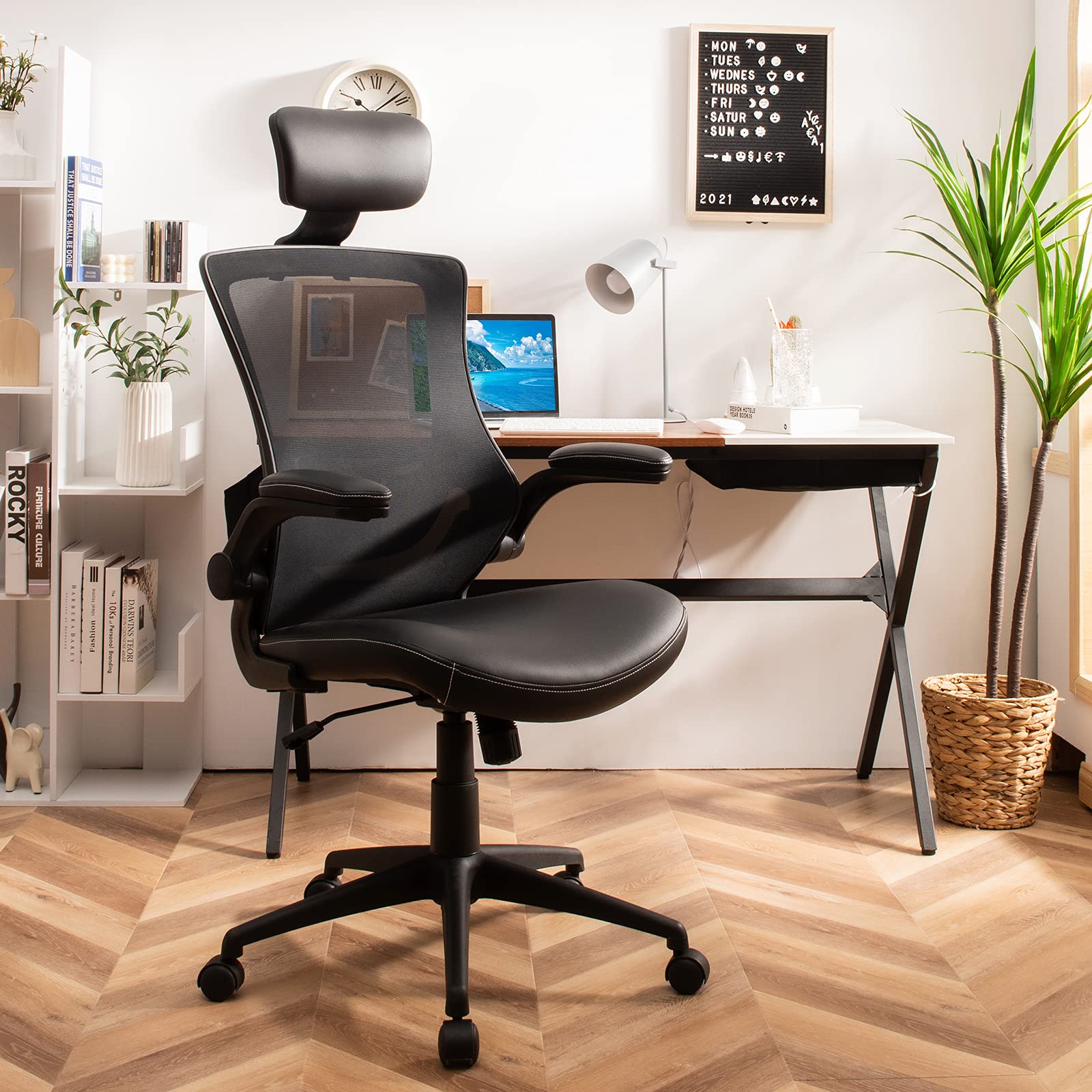 Ergonomic Office Chair with Thickened Leather Seat, Mesh Desk Chair