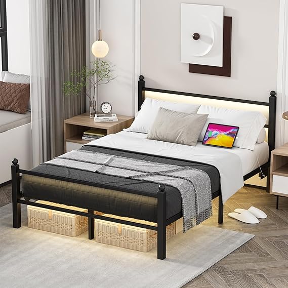 Full Size Bed Frame With Charging Station & LED Lights, Full Metal Platform Bed Frame