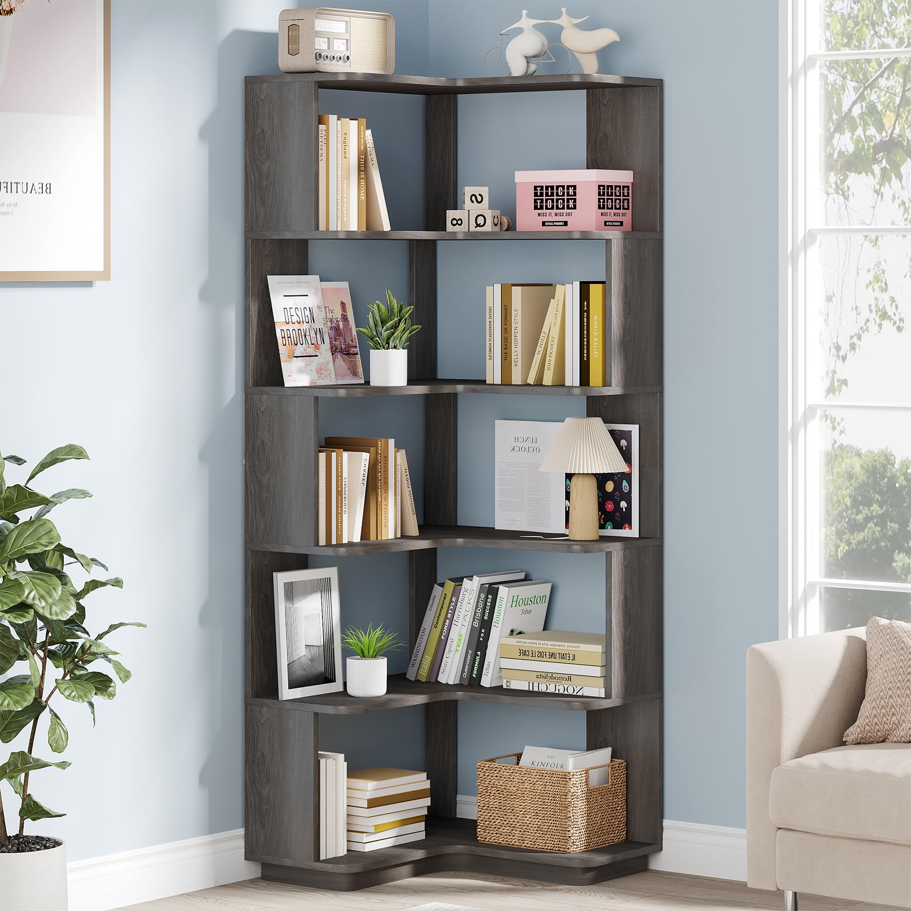 65-Inch Tall Corner Bookshelf, 6-Tier Industrial Corner Bookcase with Side Panels