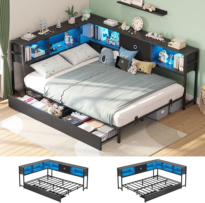 Corner Bed Frame with Storage Bookcase, Twin Daybed with Storage Drawers Underneath