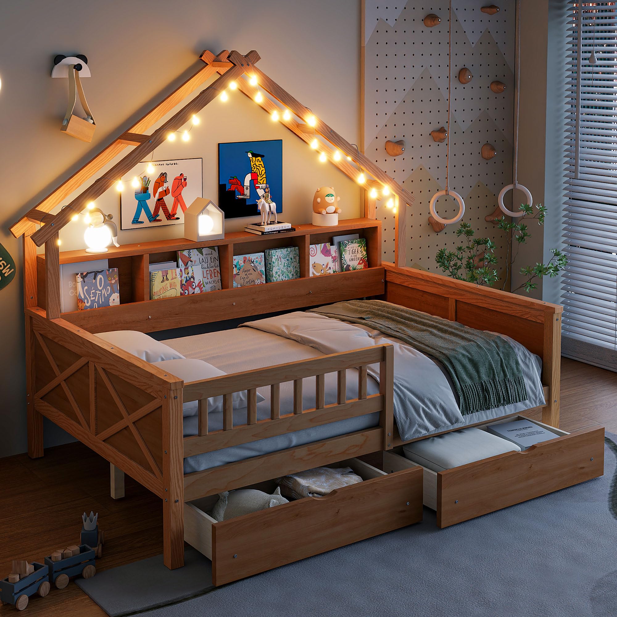Full Size House Bed with LED Lights and Drawers Wood House Platform Beds