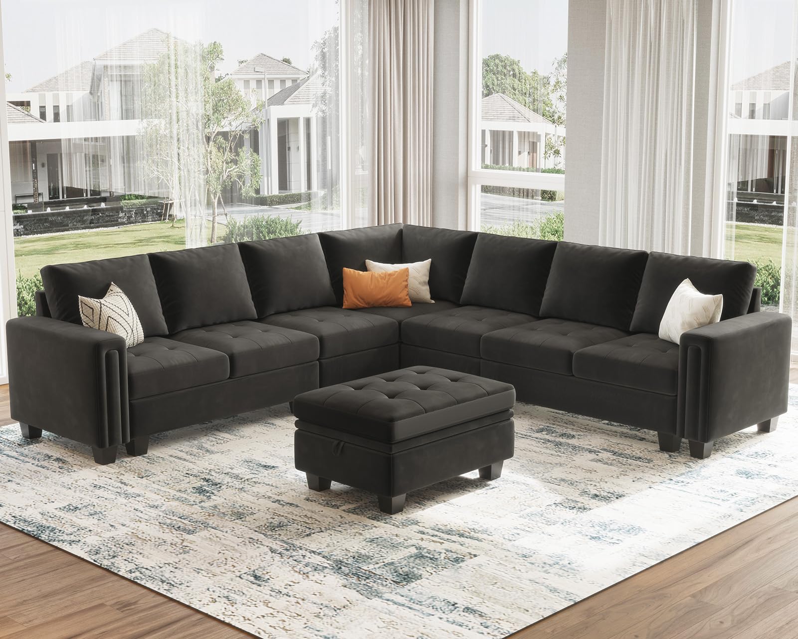 Velvet L Shaped Sofa Couch with Reversible Chaise Convertible Modular