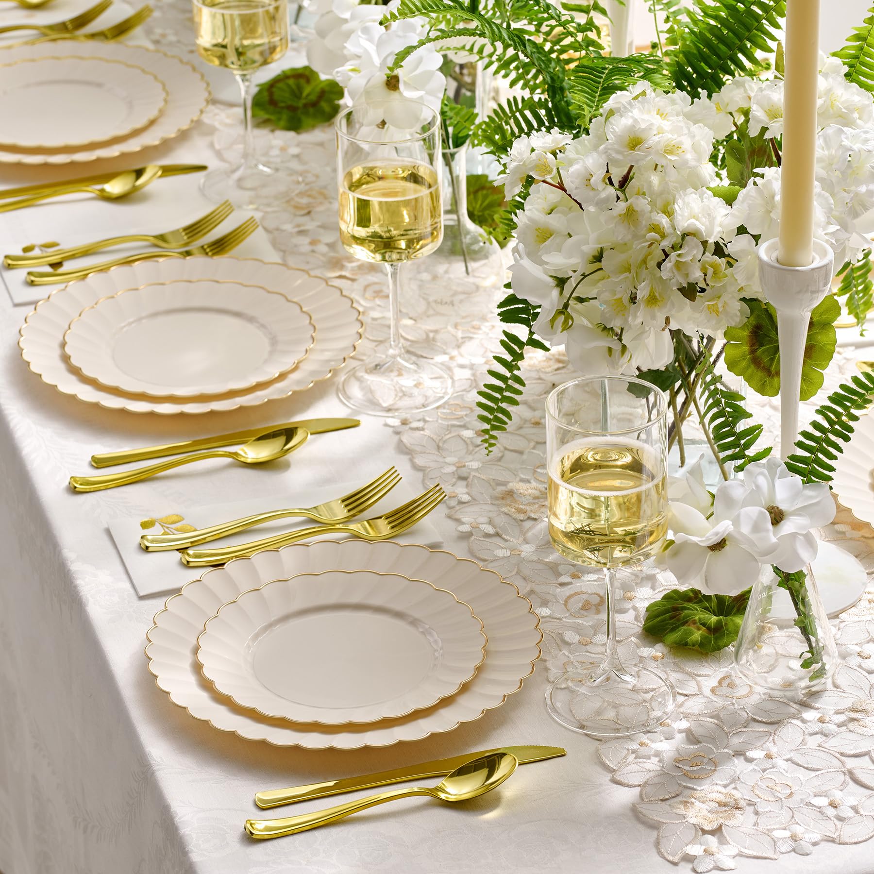 HEAVYWEIGHT 100 Pc Ivory Scalloped Plastic Plates with Gold Trim