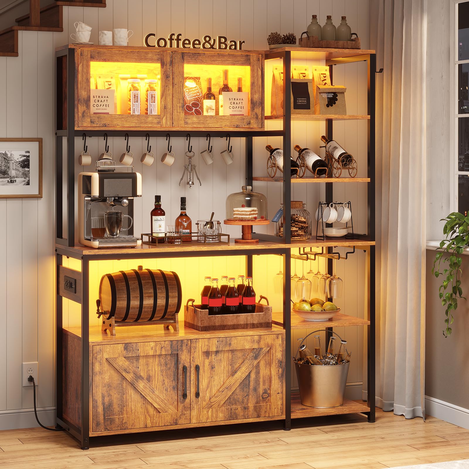 Bakers Rack with Power Outlet and LED Light