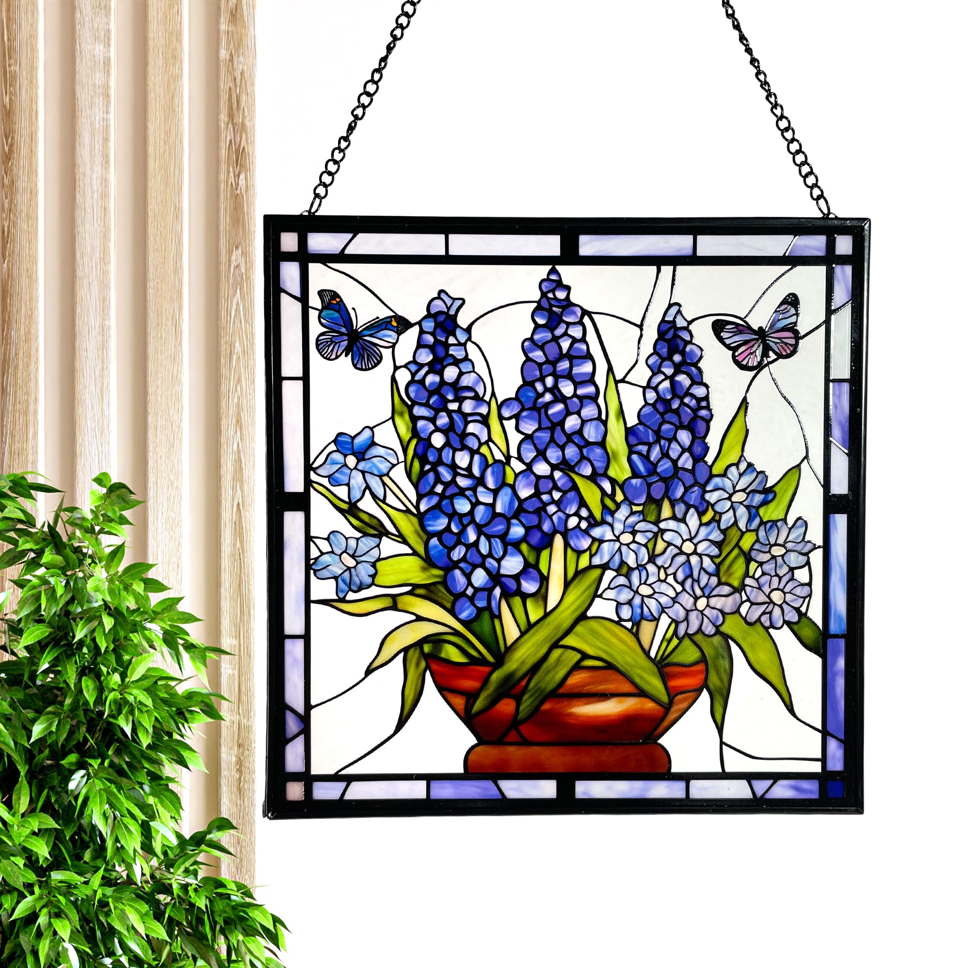 Bluebonnet Blue Iris Flower and Butterfly Stained Glass Panel Suncatcher Square