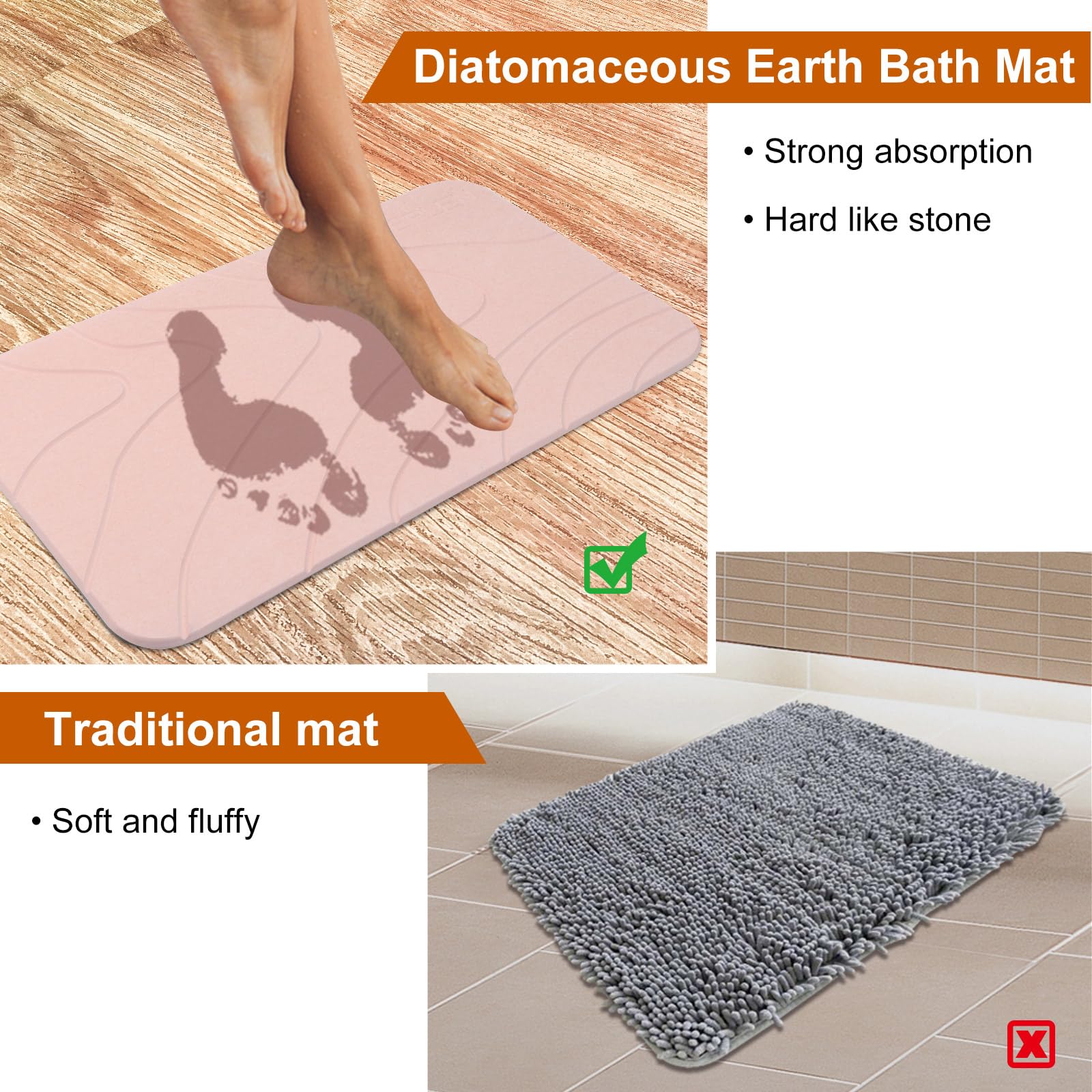 2 Pack Diatomaceous Earth Shower Mat, Stone Bath Mat, Nonslip Super Absorbent Fast-Drying Hard Bath Mat for Bathroom Shower Floor, 23.62 x 15.35 inch, Pink