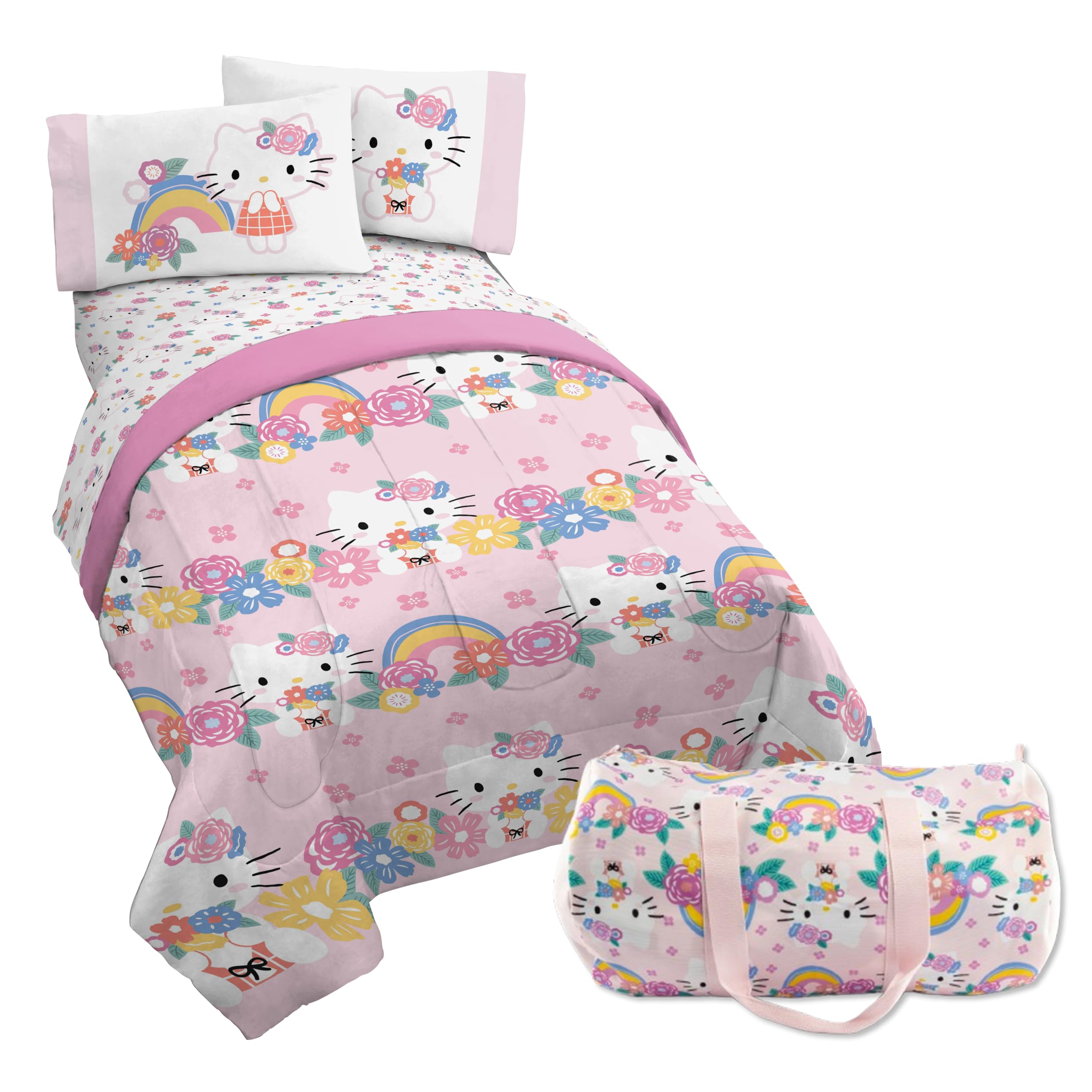 Hello Kitty Twin Size Comforter Set - 4 Piece Floral Bedding Includes Sheet Set,