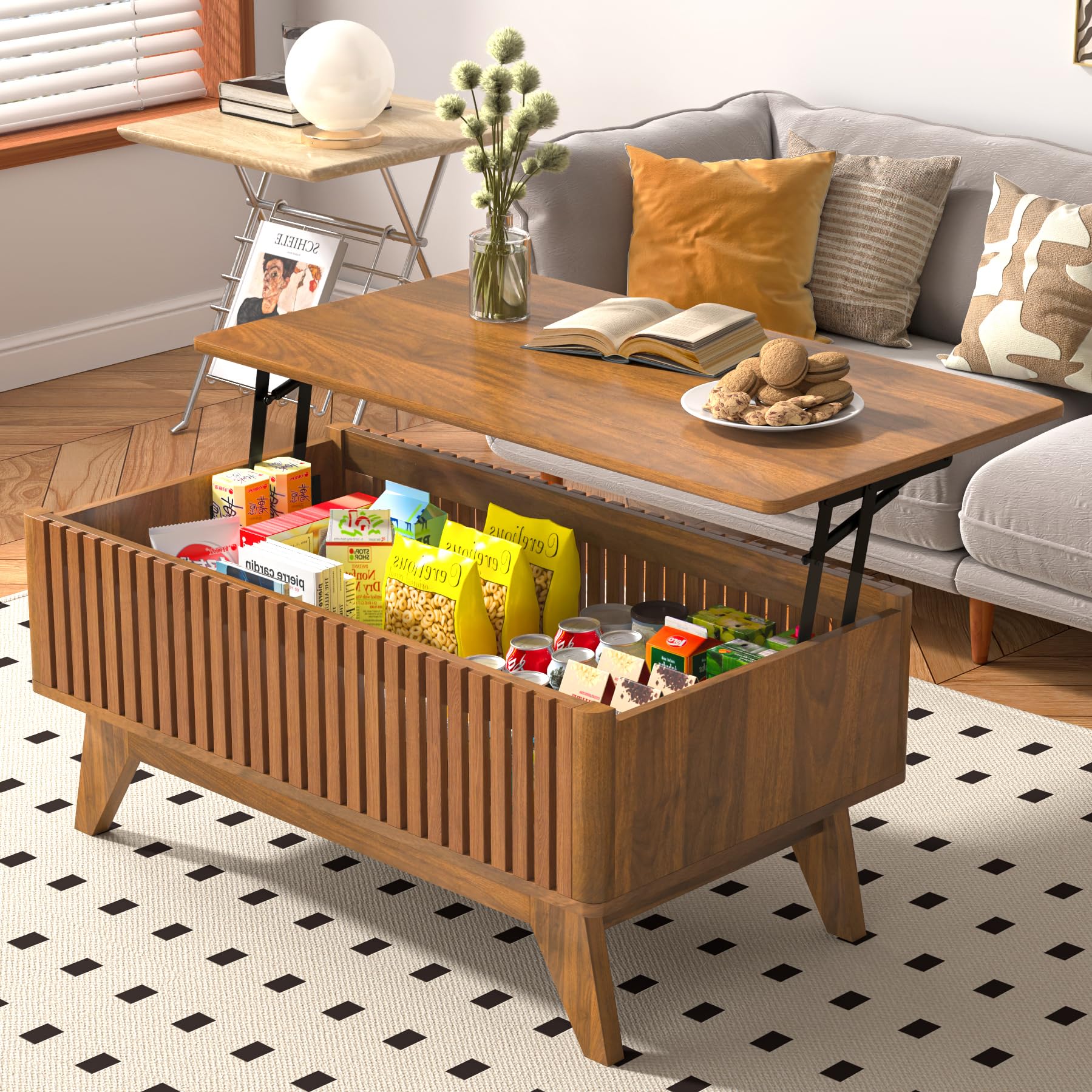 Lift Top Coffee Table with Hidden Compartment, Mid Century Modern Coffee Table