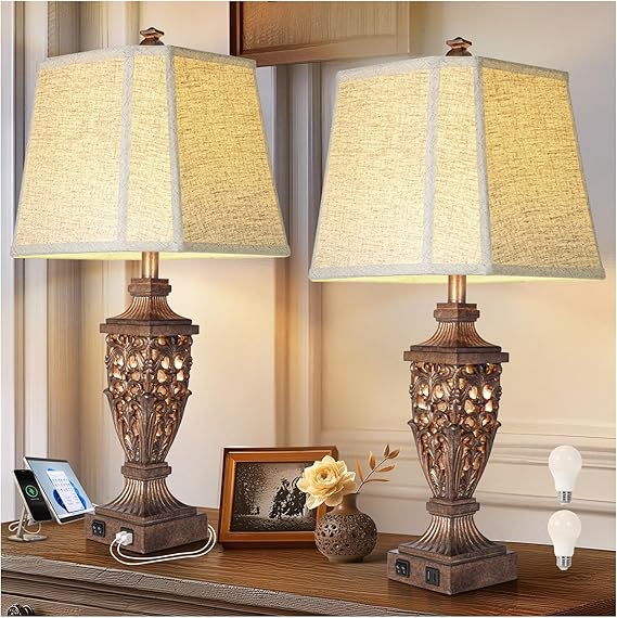 Table Lamps Set of 2 with Night Light,Bedside Lamp with White Linen Cut