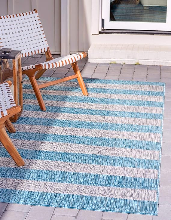 Outdoor Striped Collection Area Rug - Distressed Stripe (5' 3" Round Blue/Ivory)