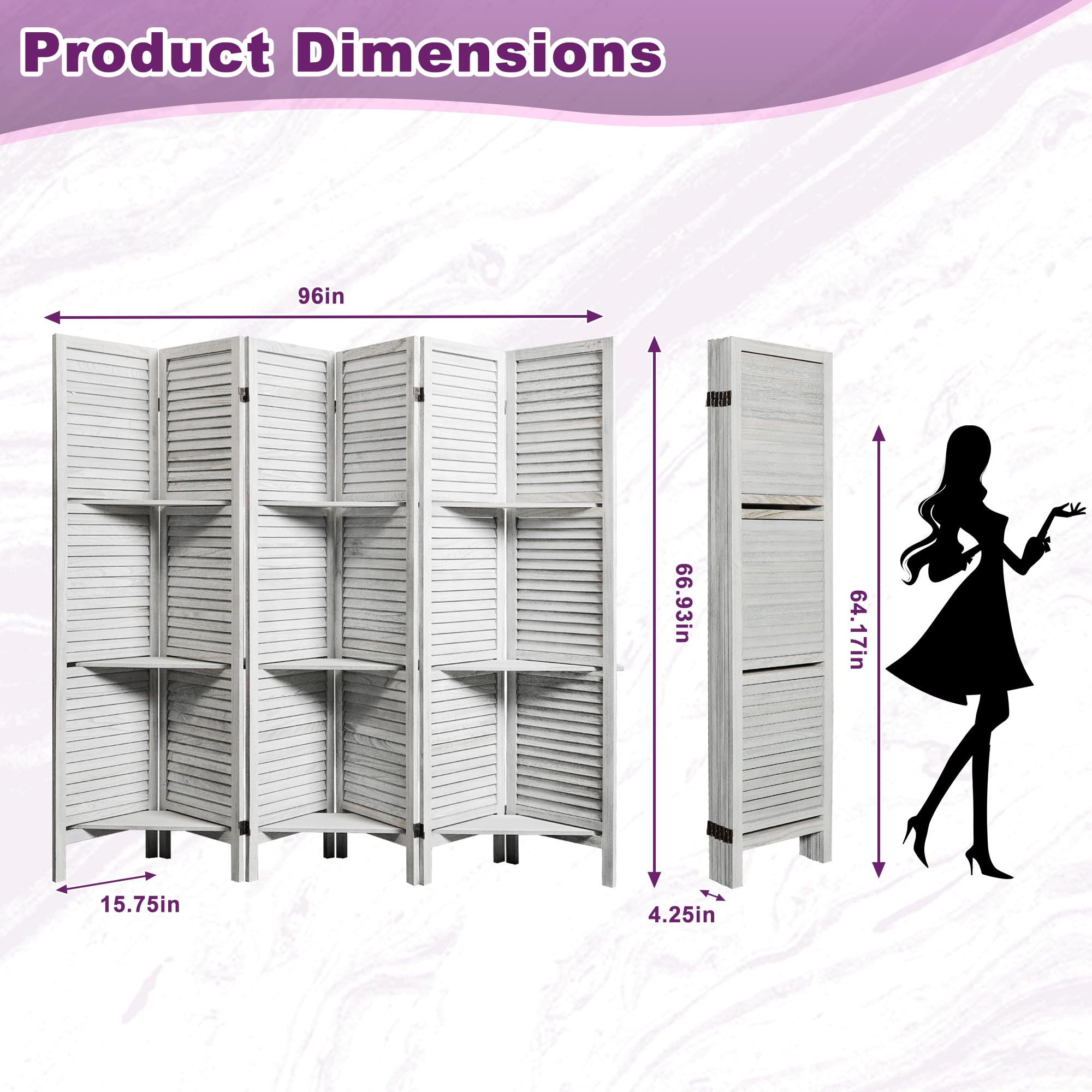 Osparple Room Divider with Shelves, 5.6FT Folding Room Divider Panel and Privacy Screen, 6 Panel Partition Wall Divider for Room Separation, White