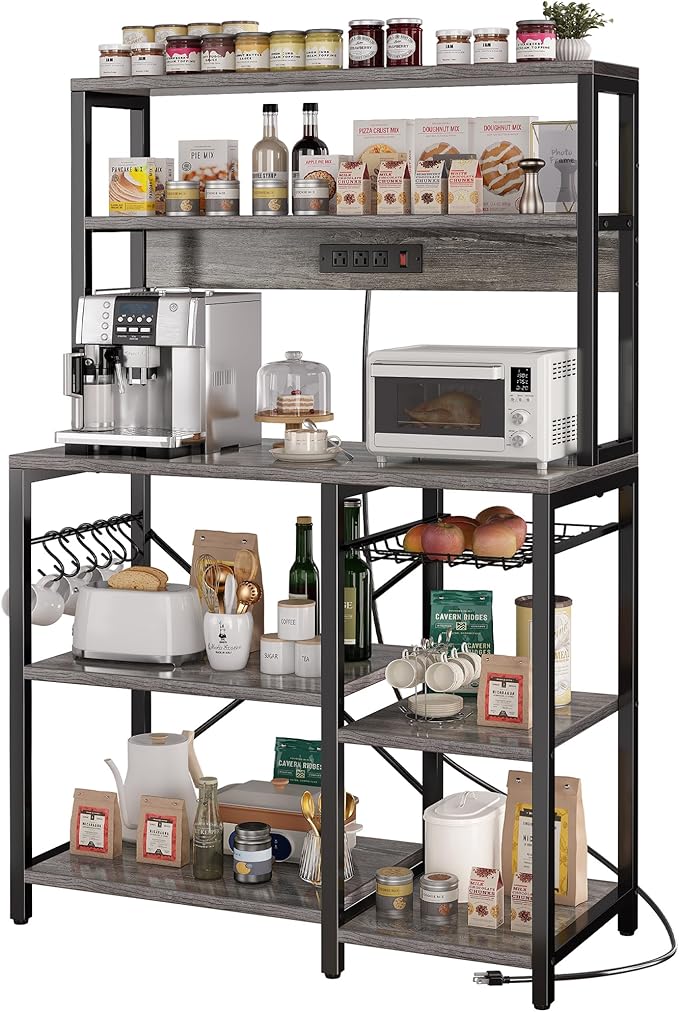 Bakers Rack with Power Outlet, 35.4 Inches Coffee Bar with Wire Basket