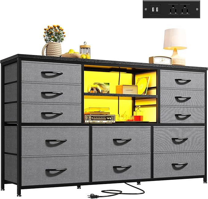 Black Dresser with LED Lights & Power Outlets