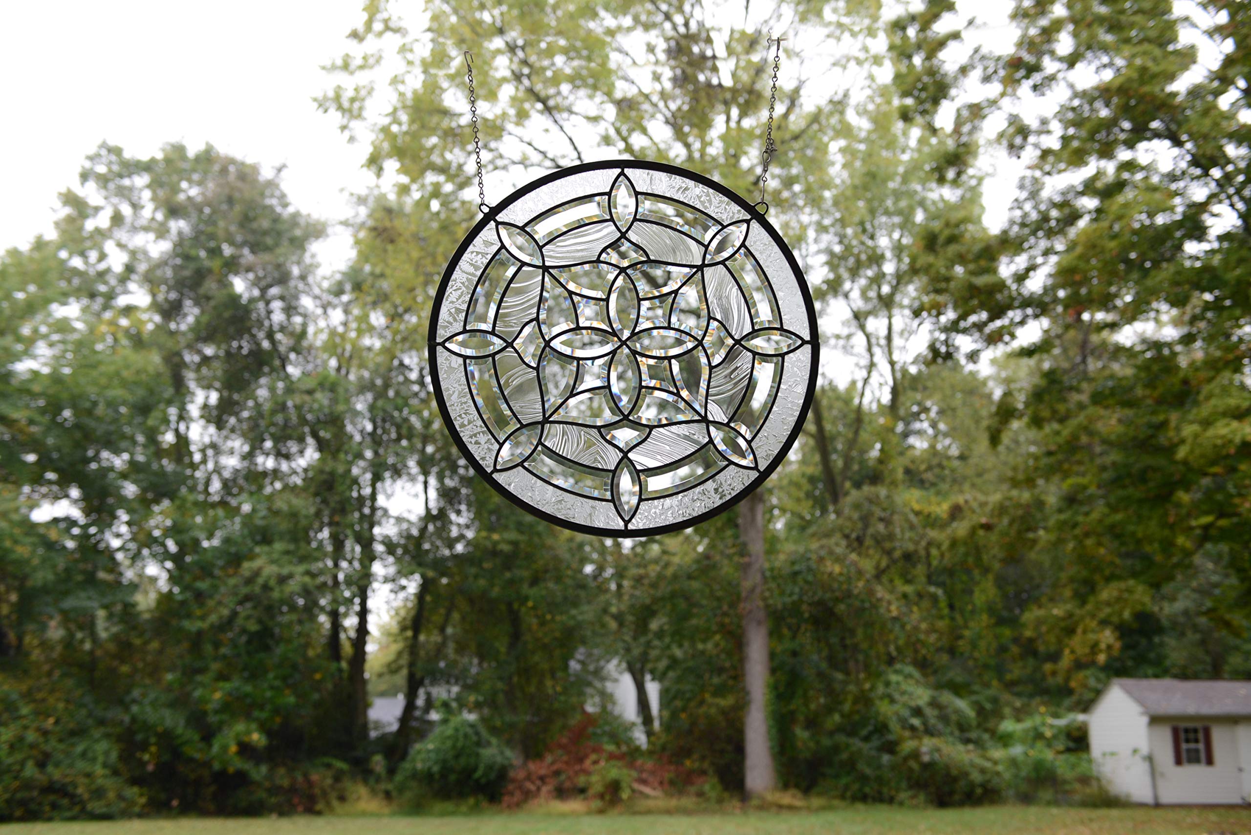 21" Dia All Clear Hanging Stained Glass Beveled Window Panel