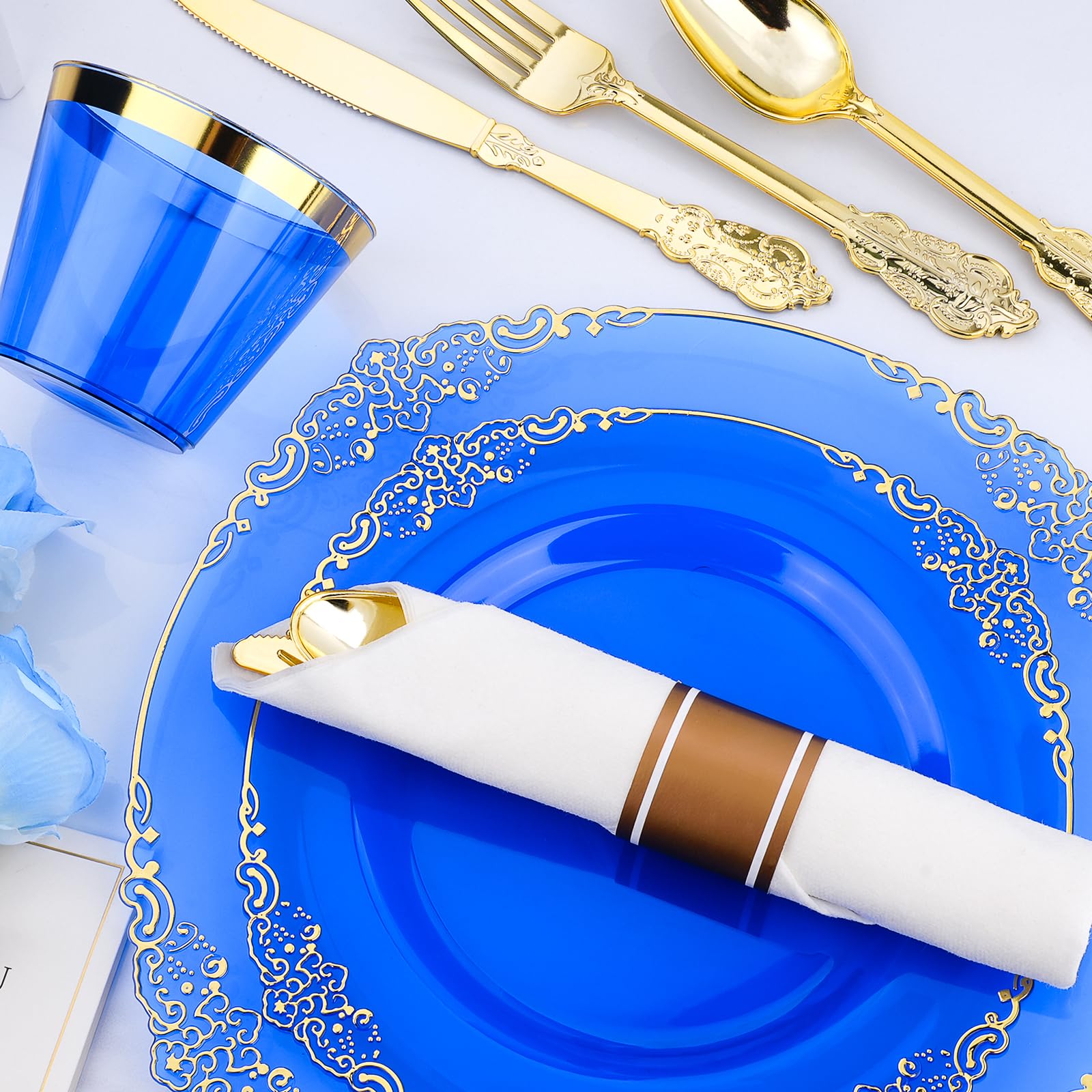 350 PCS Blue and Gold Plastic Plates, Disposable Dinnerware Set for 50 Guests