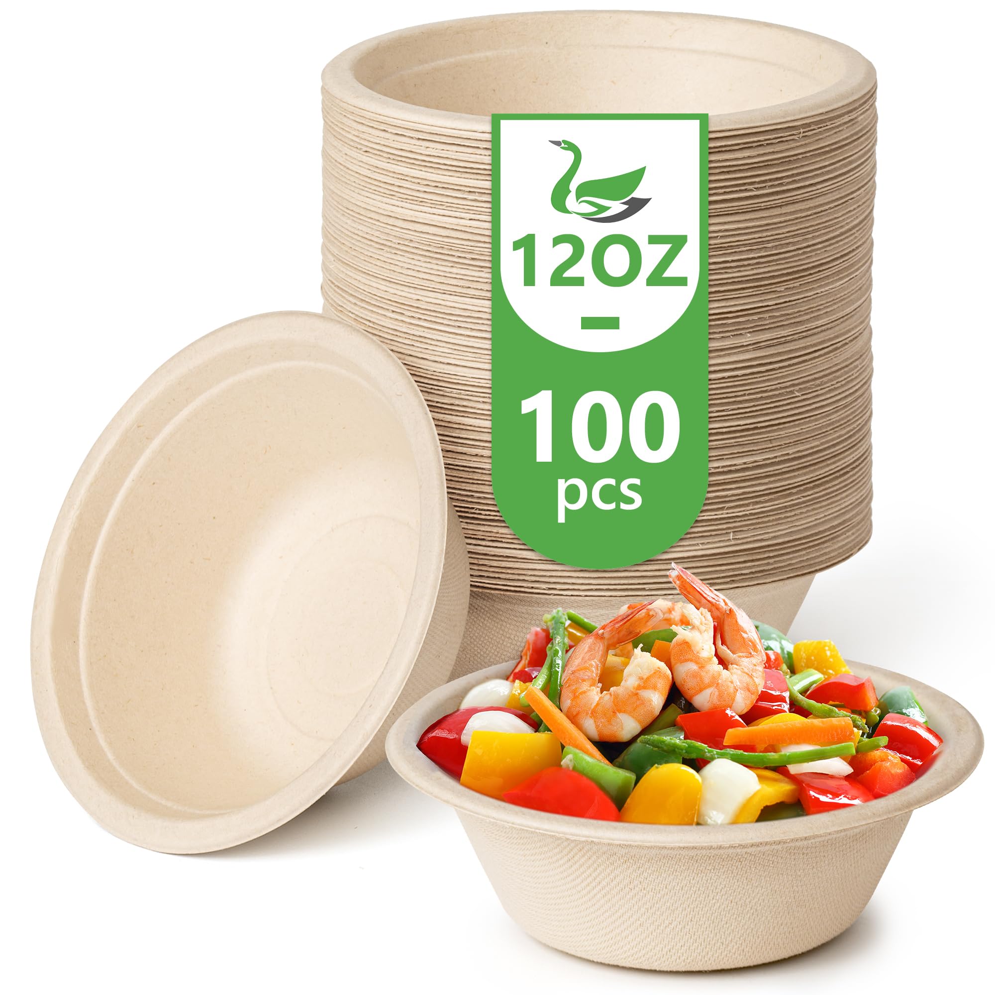 Disposable Paper Bowls, 12 Oz [100 Pack] Large Bowl-100% Compostable