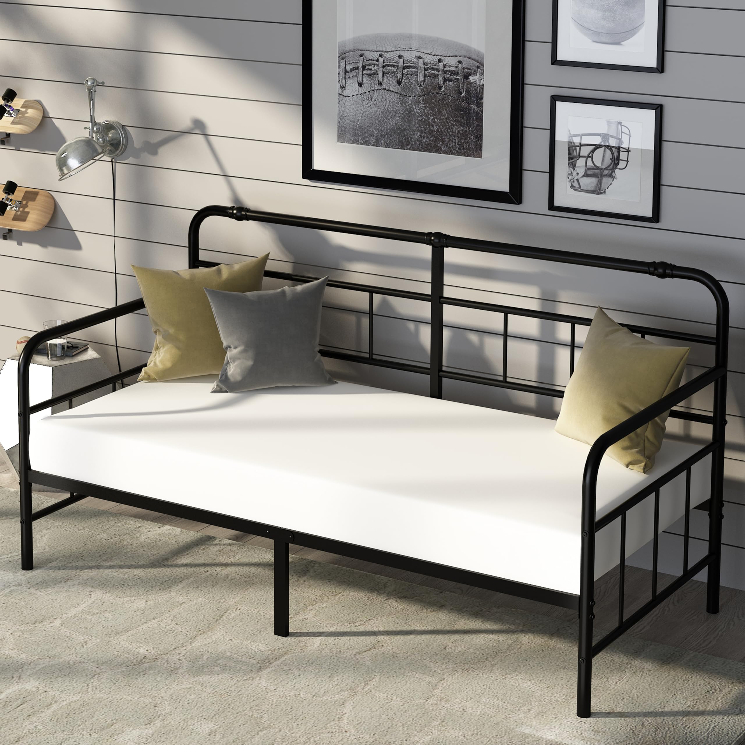 Daybed-Metal-Twin-Size-Bed-Frame - with Headboard, Heavy Duty Steel Slats Support