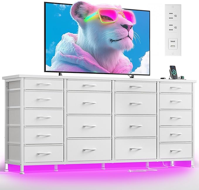 63" W 18 Drawers Dresser with LED Lights & Power Outlets Long Dresser for 65" TV Stand for Bedroom Large Fabric Dressers & Chests of Drawers for Bedroom, Sturdy Metal Frame (Charcoal Black)