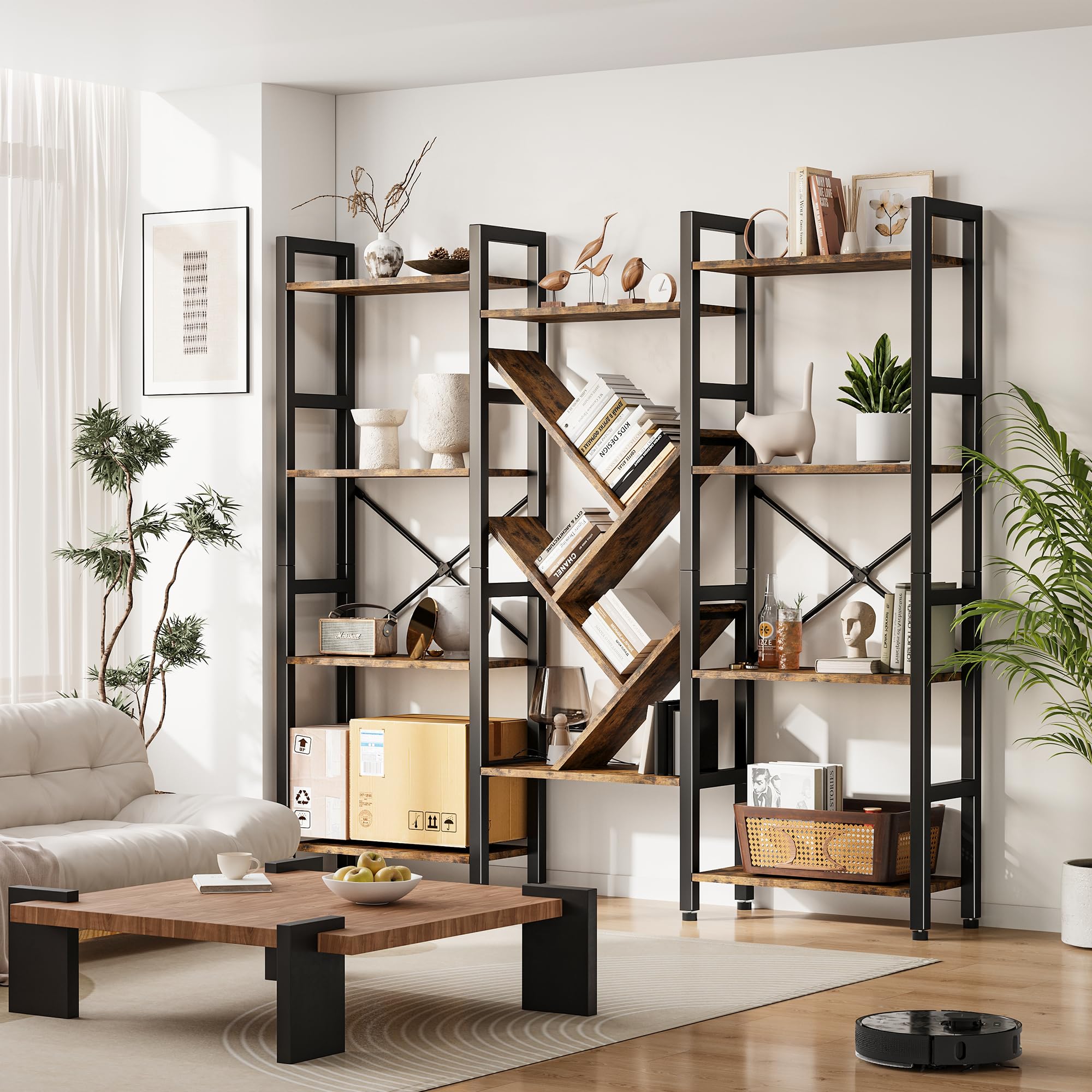 Triple 4 Tier Book Shelf, Large Wooden Bookcase with 14 Open Display Shelf