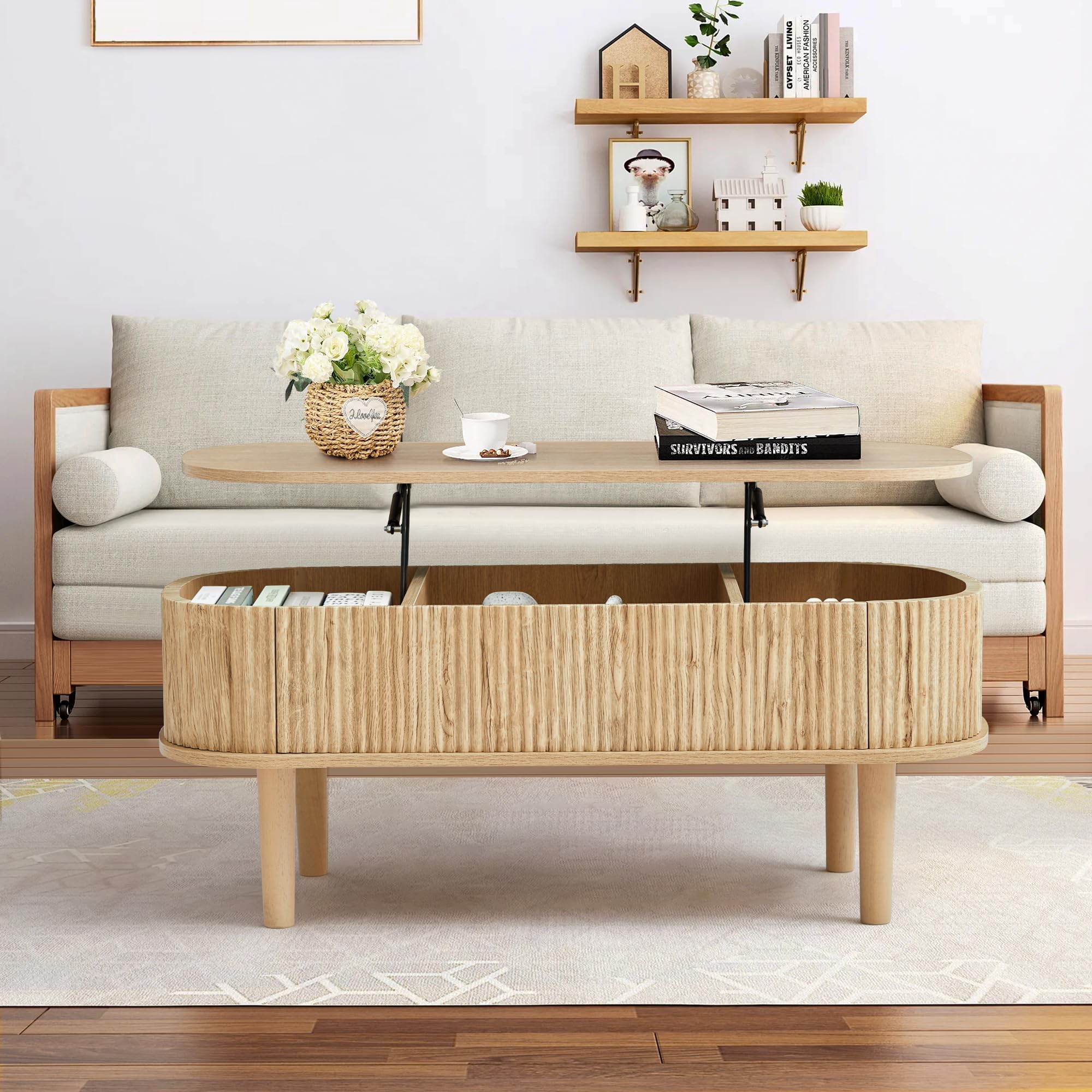 Fluted Lift Top Coffee Table with Hidden Compartment, Fully Assembled Wooden Center