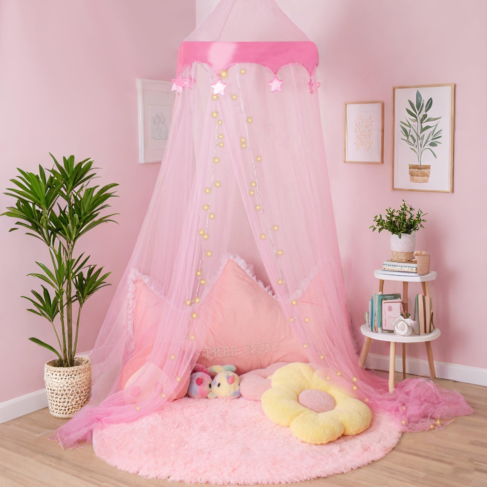 Bed Canopy with Lights for Girls, Princess's Birthday Gift - Over Star Element Decorate