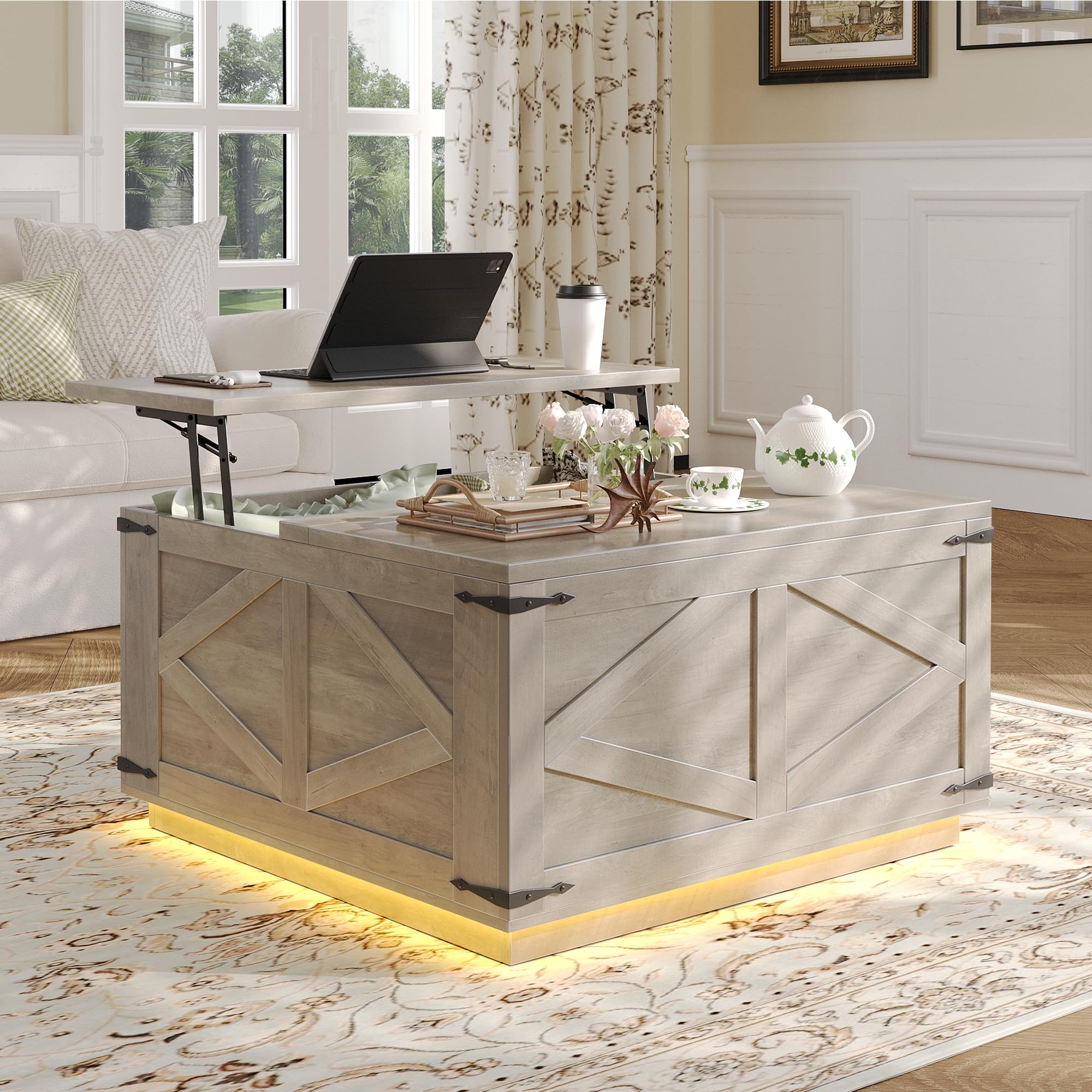 Table, Farmhouse Coffee Table with Storage, Square Wood Center Table with LED Light