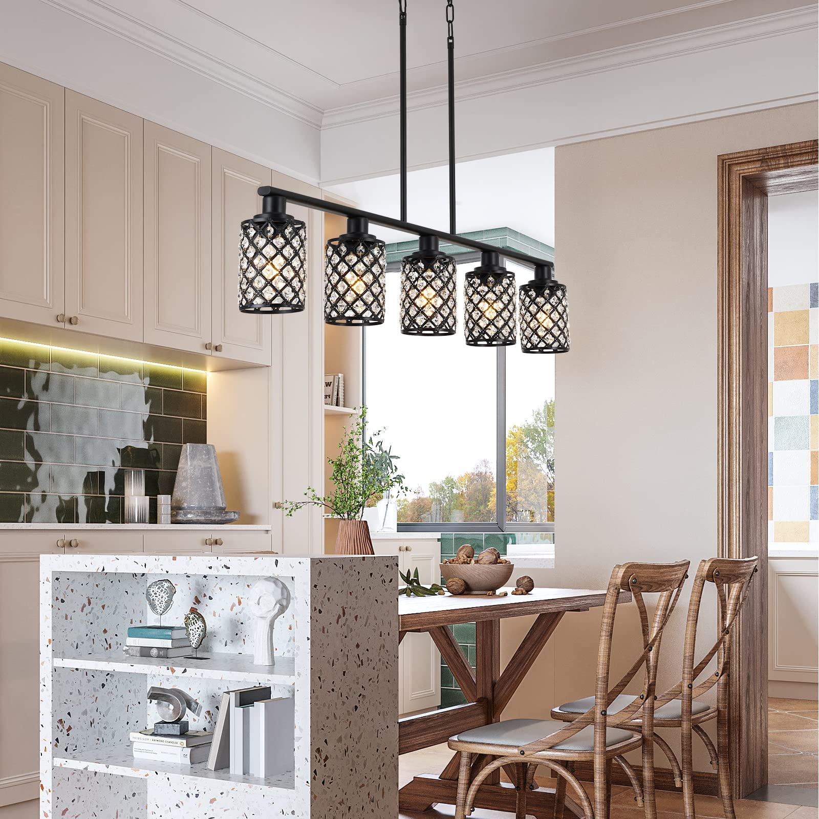 Kitchen Island Lighting,5-Light Dining Room Light Fixture Over Table,Black Linear Chandelier